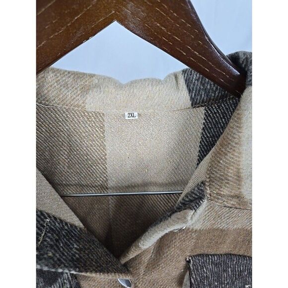 Plaid Snap-Front Men’s Jacket Brown Cotton Blend 2XL Check Pattern Shacket - Picture 4 of 9